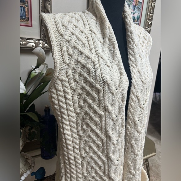 KILRONAN IRELAND KNITWEAR MERINO WOOL CREAM CABLE KNIT OPEN FRONT VEST SZ S-L - Picture 13 of 14